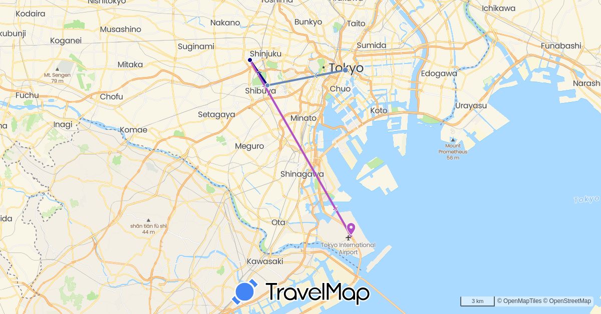 TravelMap itinerary: driving, cycling, train in Japan (Asia)